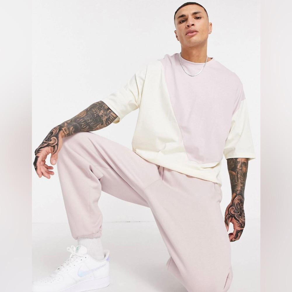 ASOS DESIGN oversized t-shirt in beige and pink color block